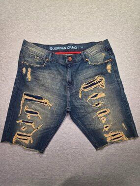 Jordan Craig Heavily Distressed Denim Shorts Size 38 Ripped Raw Hem Jean Shorts